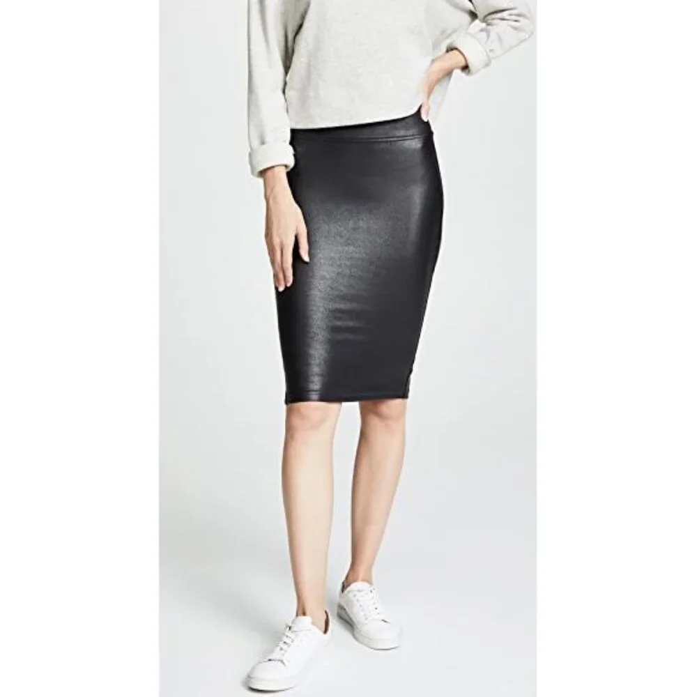 Spanx Faux Leather Pencil Skirt Very Black High-Waist Shiny Stretchy Edgy Midi